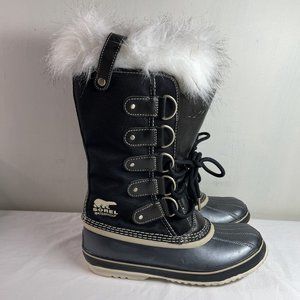 Women's SOREL Joan Of Arctic Winter Snow Boots Black Quarry White Fur Size 8.5